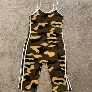 SHEIN Olive & Tan Camo Spaghetti-Strap Cropped Jumpsuit